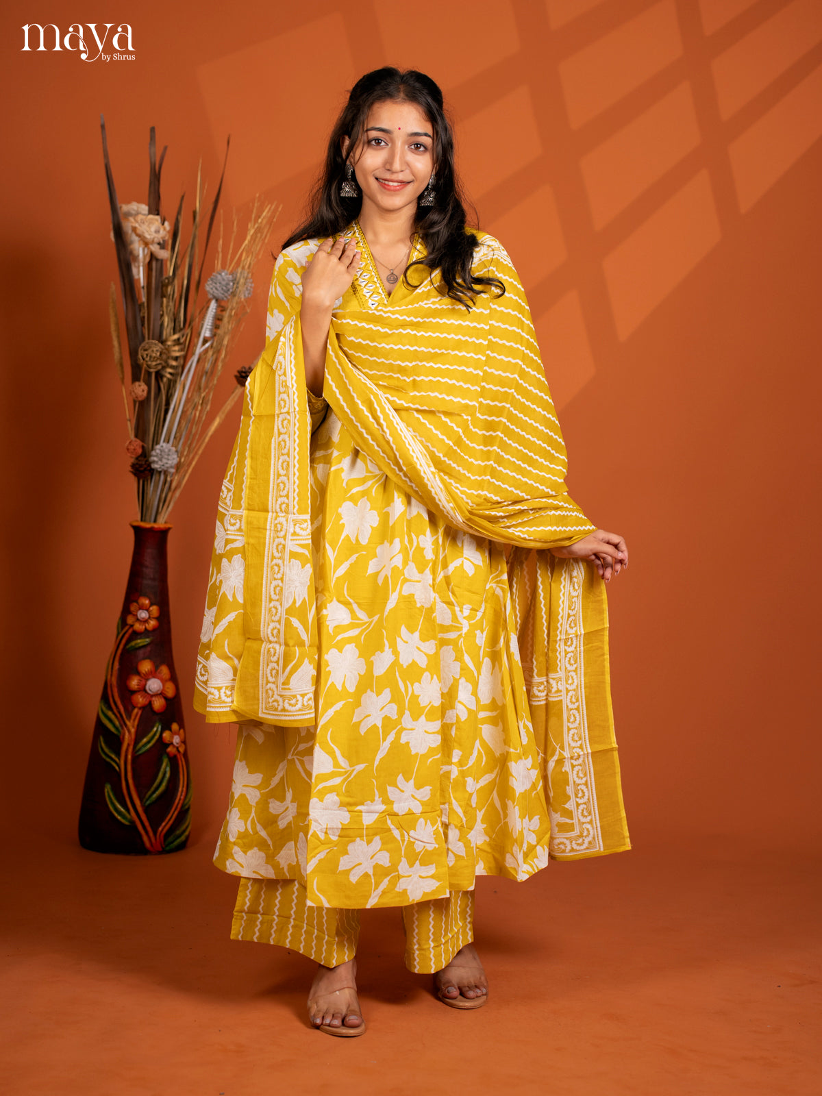 Yellow Cotton 3PC Salwar Suit with Floral Print - Top, Bottom & Dupatta