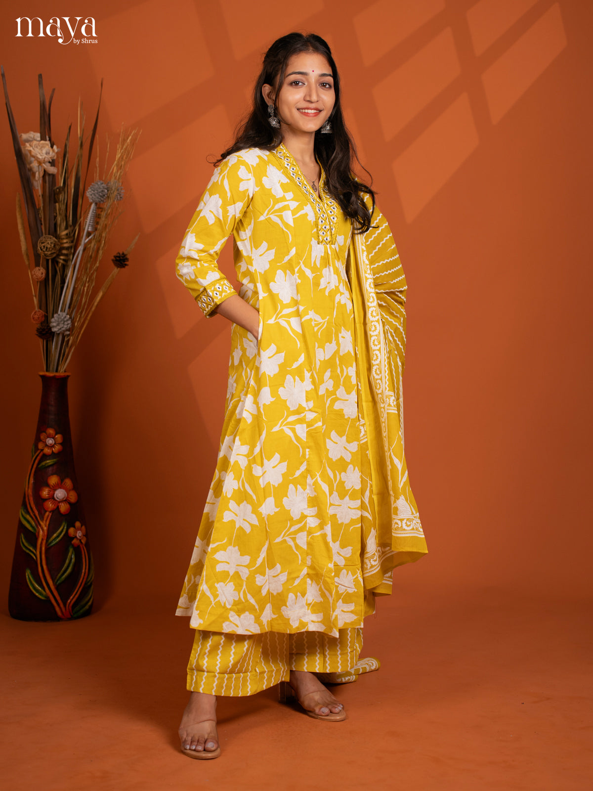Yellow Cotton 3PC Salwar Suit with Floral Print - Top, Bottom & Dupatta