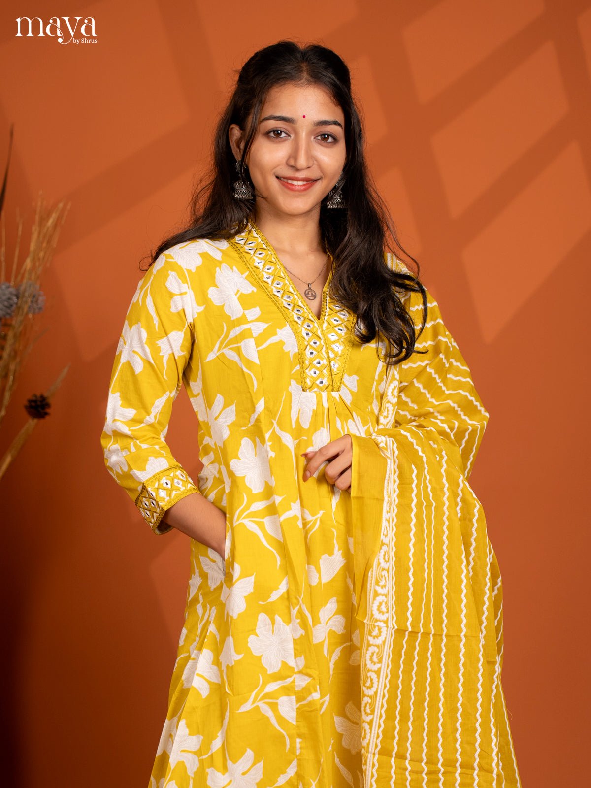 Yellow Cotton 3PC Salwar Suit with Floral Print - Top, Bottom & Dupatta
