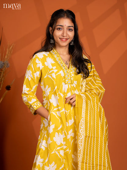 Yellow Cotton 3PC Salwar Suit with Floral Print - Top, Bottom & Dupatta