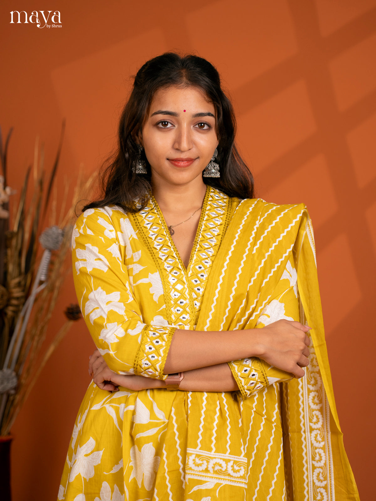 Yellow Cotton 3PC Salwar Suit with Floral Print - Top, Bottom & Dupatta