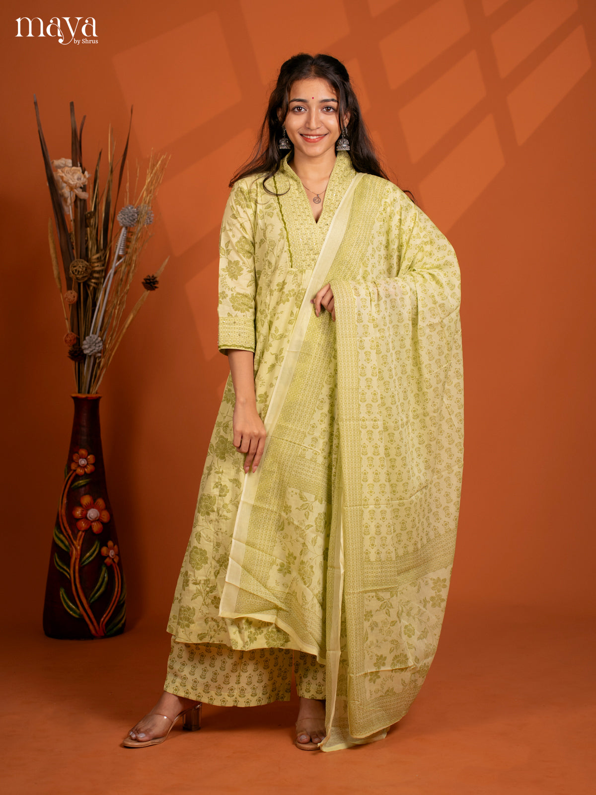 Green Cotton 3PC Salwar Suit with Floral Print - Top, Bottom & Dupatta