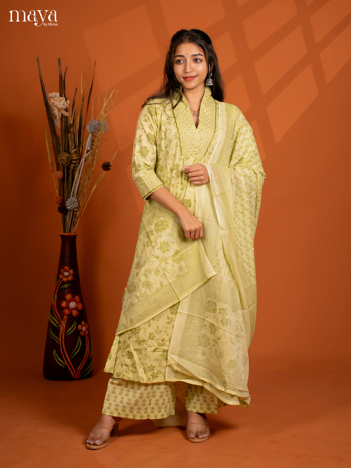 Green Cotton 3PC Salwar Suit with Floral Print - Top, Bottom & Dupatta
