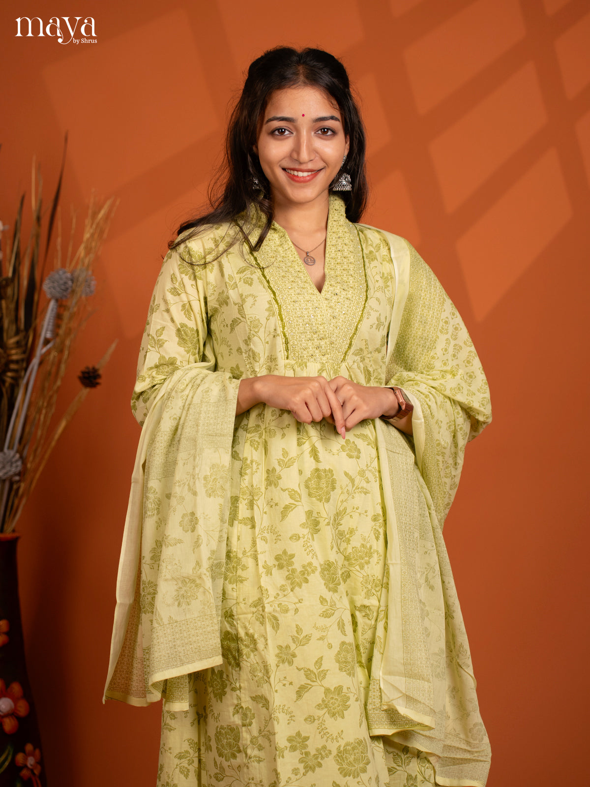 Green Cotton 3PC Salwar Suit with Floral Print - Top, Bottom & Dupatta