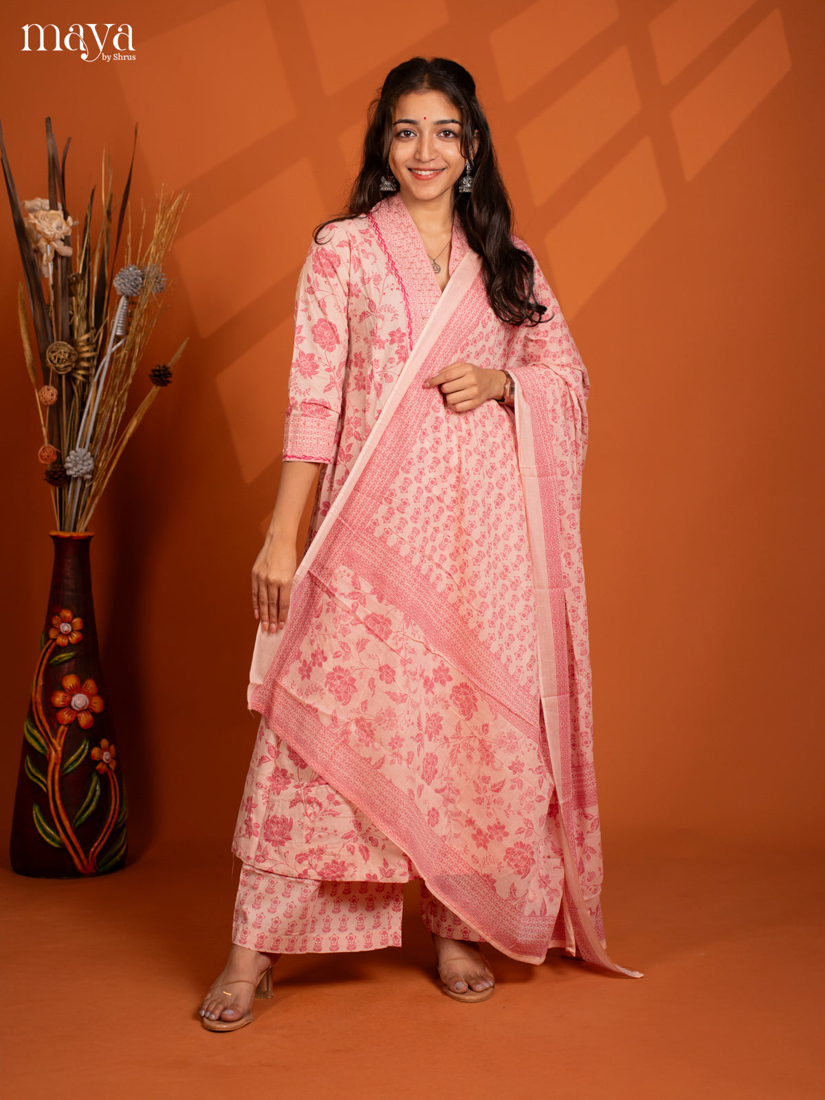 Beige Cream Cotton 3PC Salwar Suit with Floral Print - Top, Bottom & Dupatta