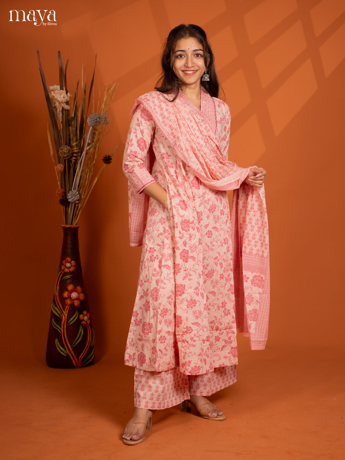 Beige Cream Cotton 3PC Salwar Suit with Floral Print - Top, Bottom & Dupatta