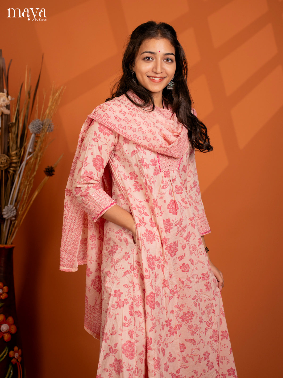 Beige Cream Cotton 3PC Salwar Suit with Floral Print - Top, Bottom & Dupatta