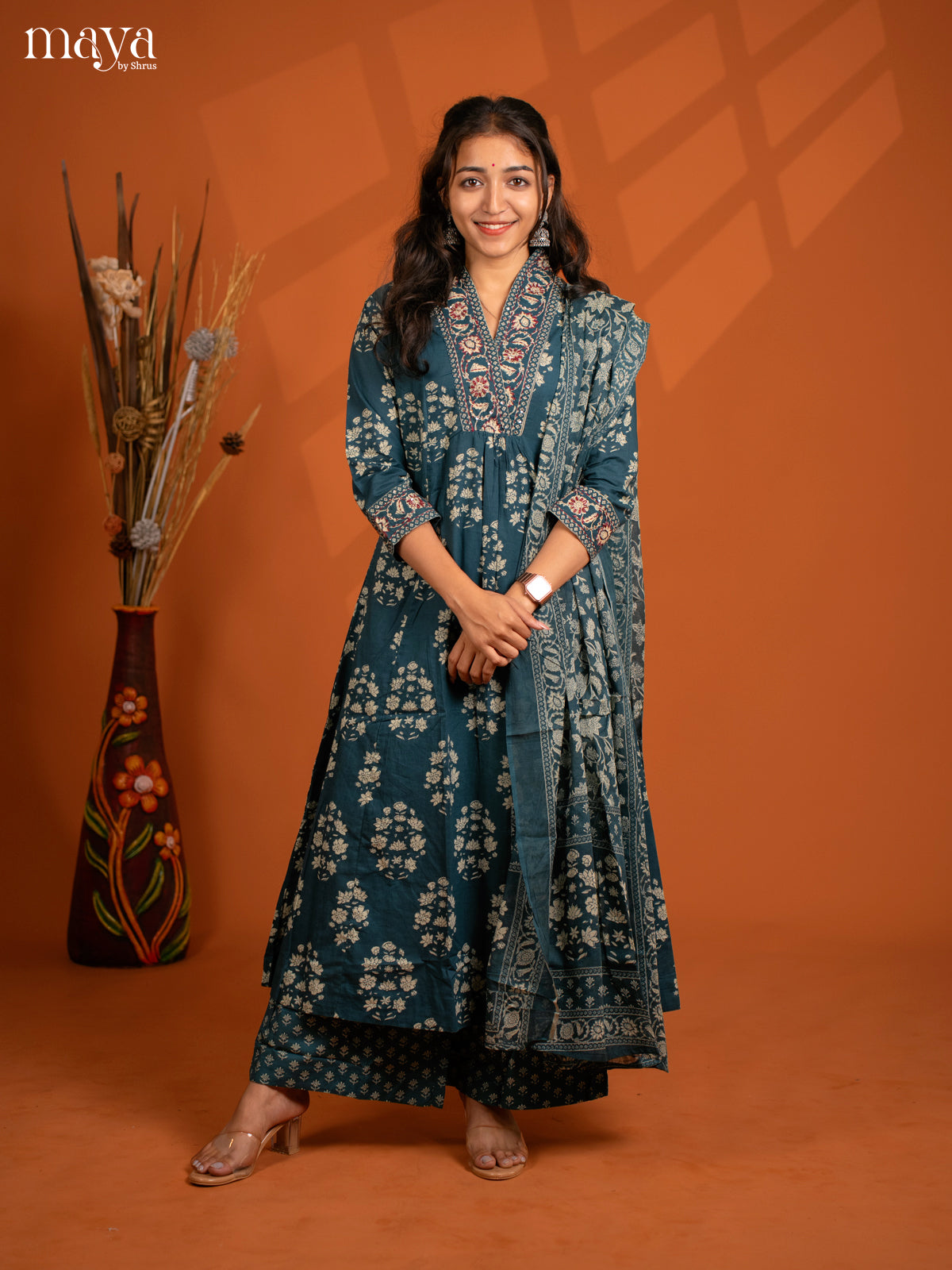 Blue Cotton 3PC Salwar Suit with Floral Print - Top, Botton & Dupatta