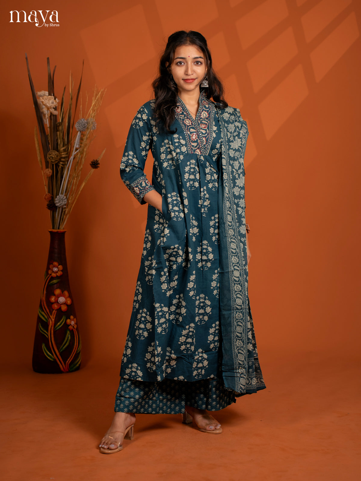 Blue Cotton 3PC Salwar Suit with Floral Print - Top, Botton & Dupatta