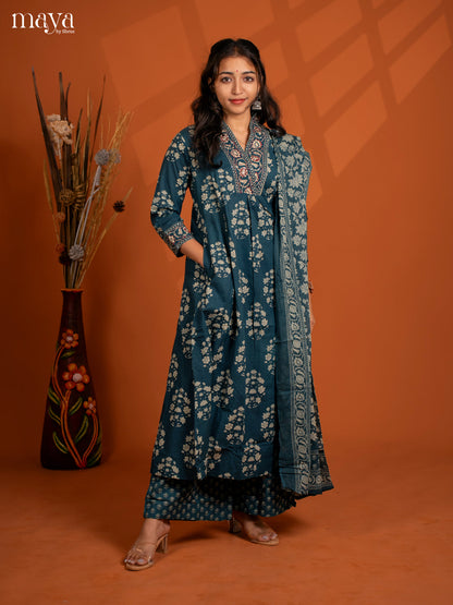 Blue Cotton 3PC Salwar Suit with Floral Print - Top, Botton & Dupatta