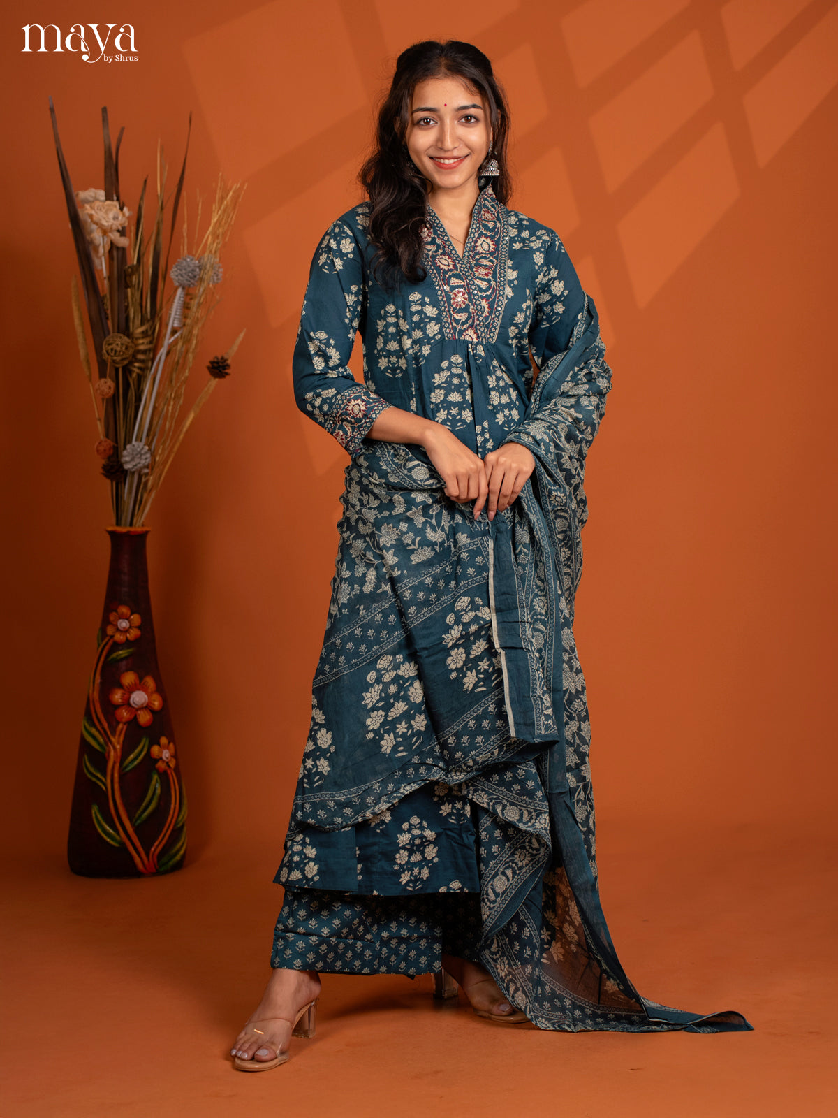 Blue Cotton 3PC Salwar Suit with Floral Print - Top, Botton & Dupatta