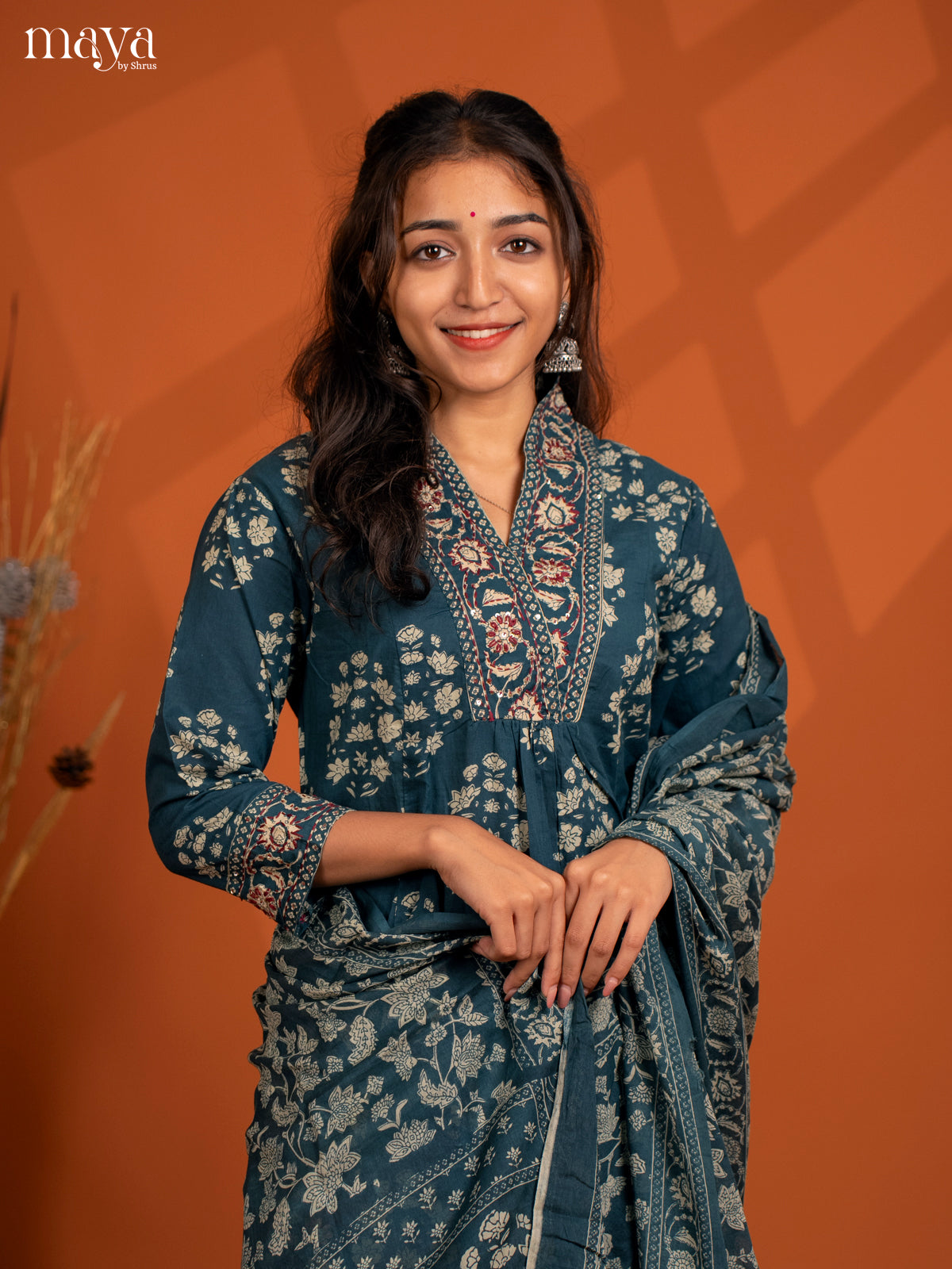 Blue Cotton 3PC Salwar Suit with Floral Print - Top, Botton & Dupatta