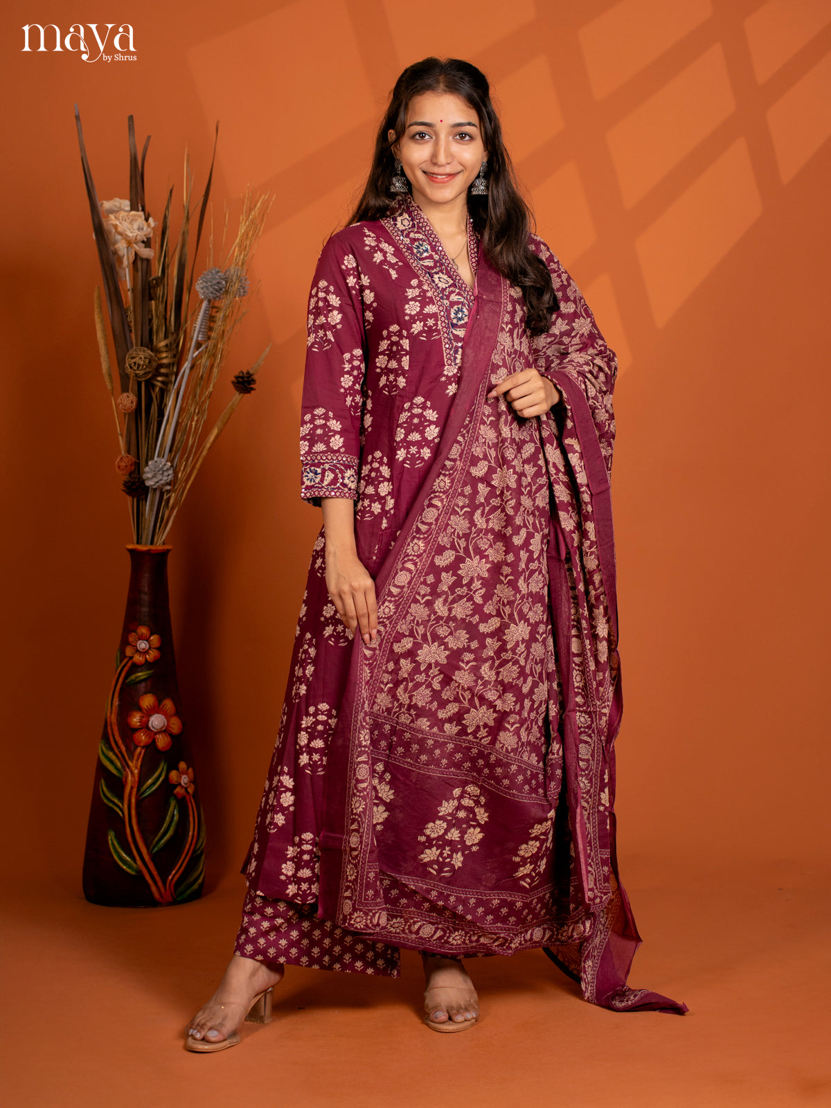 Beige Red Cotton 3Pc Salwar Suit with Floral Print - Top, Bottom & Dupatta