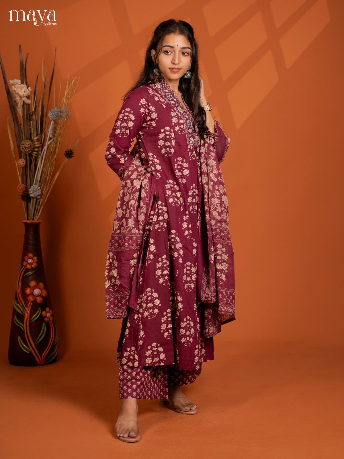 Beige Red Cotton 3Pc Salwar Suit with Floral Print - Top, Bottom & Dupatta