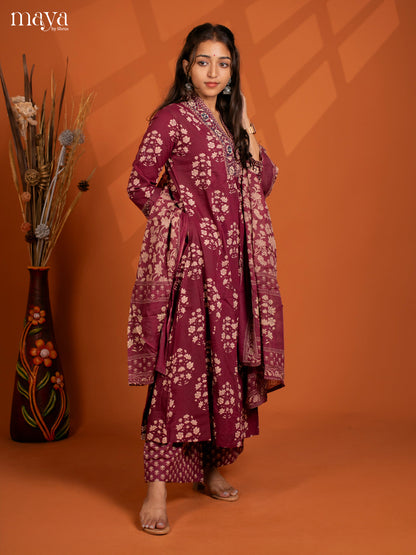 Beige Red Cotton 3Pc Salwar Suit with Floral Print - Top, Bottom & Dupatta