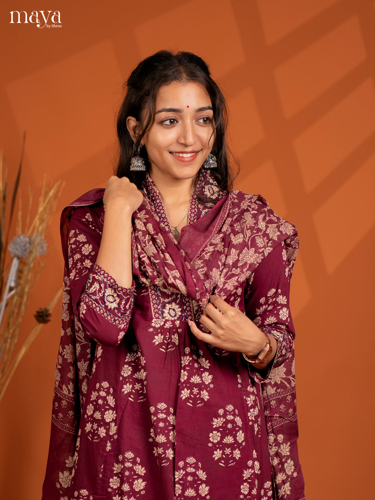 Beige Red Cotton 3Pc Salwar Suit with Floral Print - Top, Bottom & Dupatta