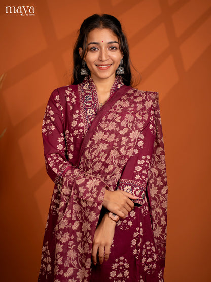 Beige Red Cotton 3Pc Salwar Suit with Floral Print - Top, Bottom & Dupatta