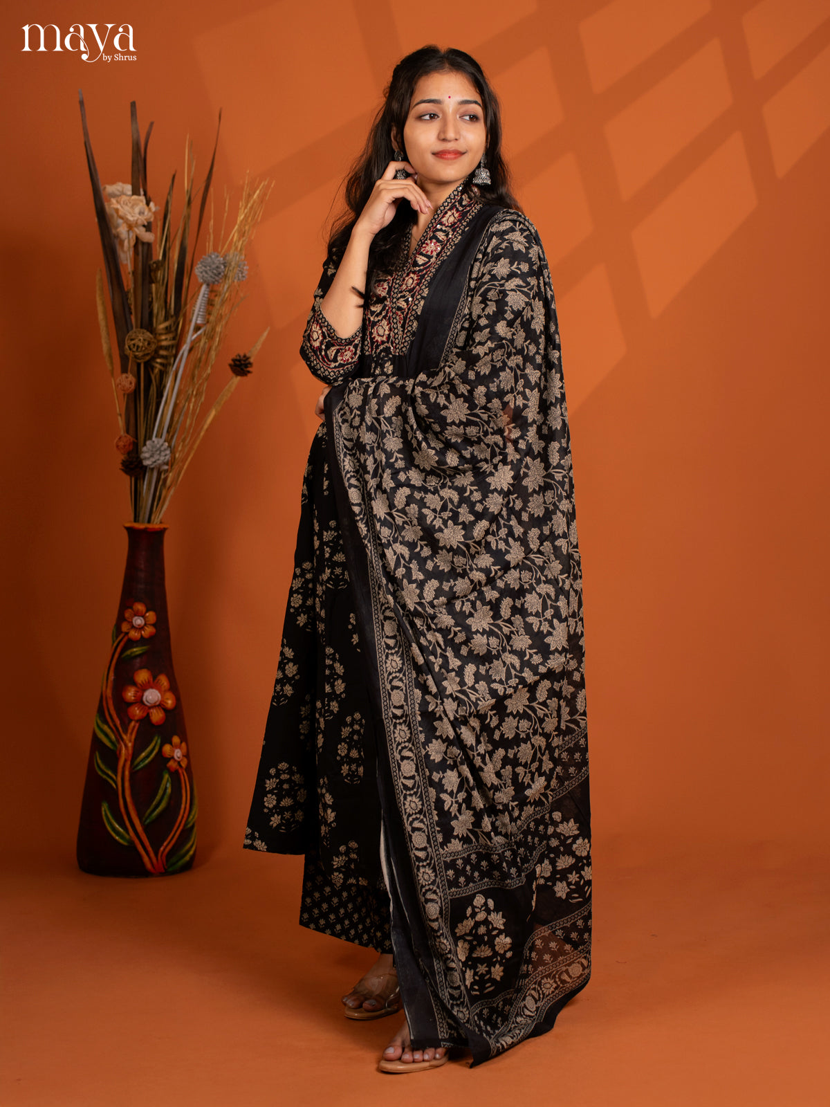 Black Cotton 3PC Slawar Suit with Floral Prinr - Top, Bottom & Dupatta