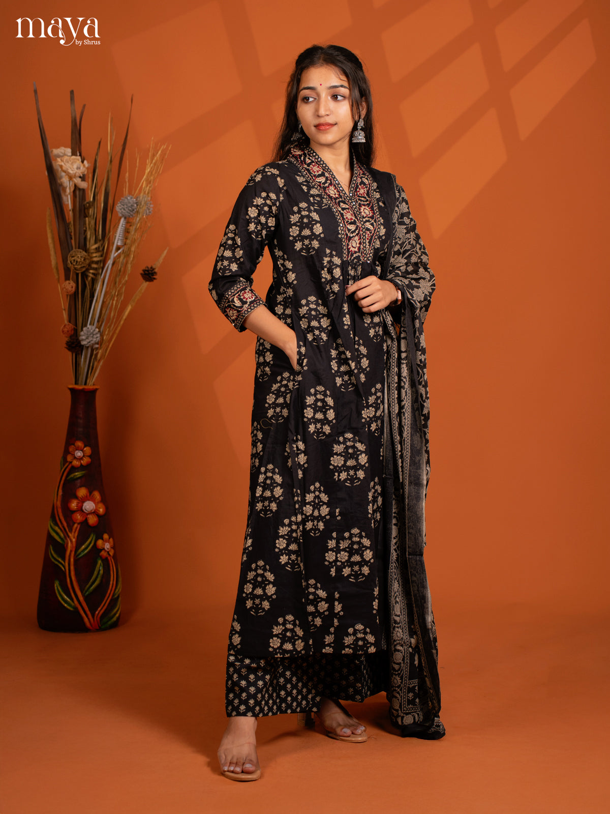 Black Cotton 3PC Slawar Suit with Floral Prinr - Top, Bottom & Dupatta