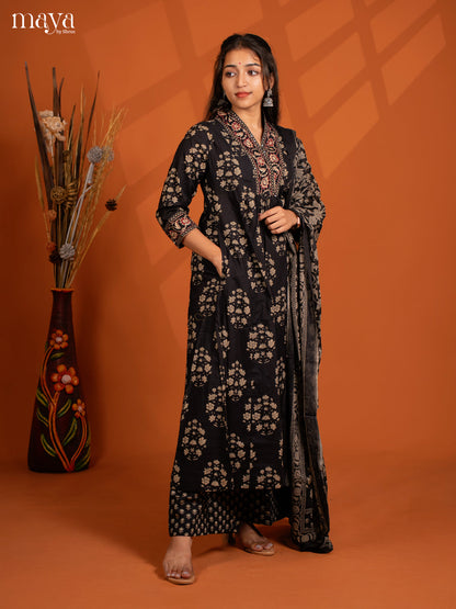 Black Cotton 3PC Slawar Suit with Floral Prinr - Top, Bottom & Dupatta