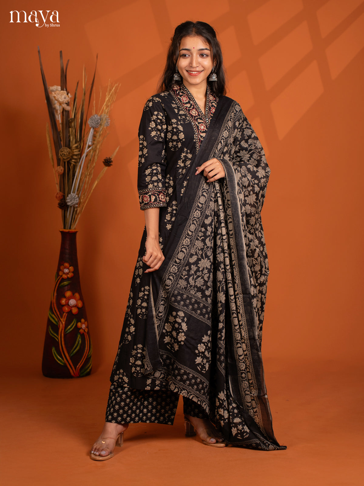 Black Cotton 3PC Slawar Suit with Floral Prinr - Top, Bottom & Dupatta