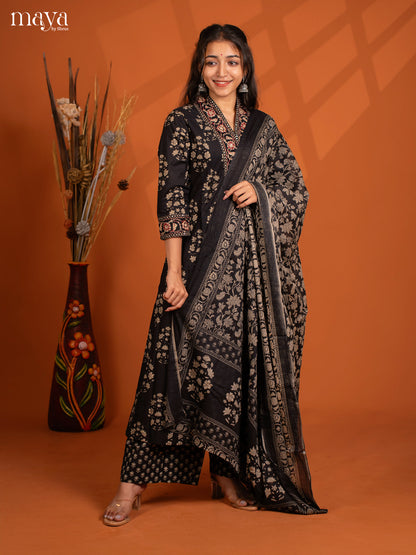 Black Cotton 3PC Slawar Suit with Floral Prinr - Top, Bottom & Dupatta