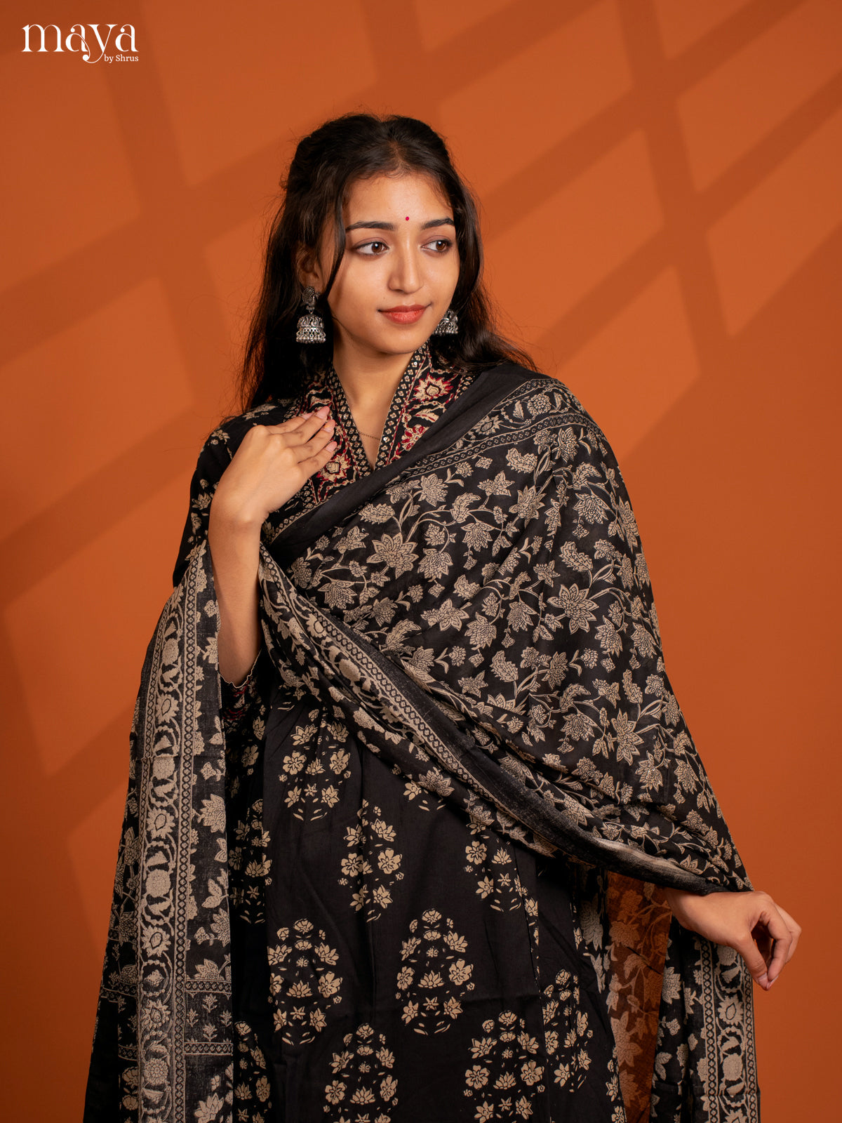 Black Cotton 3PC Slawar Suit with Floral Prinr - Top, Bottom & Dupatta