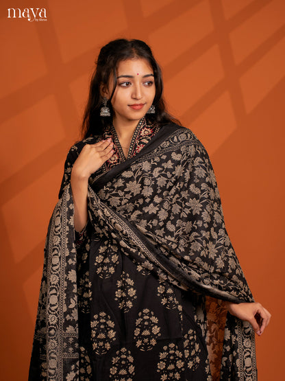 Black Cotton 3PC Slawar Suit with Floral Prinr - Top, Bottom & Dupatta