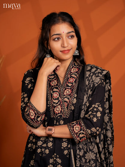 Black Cotton 3PC Slawar Suit with Floral Prinr - Top, Bottom & Dupatta