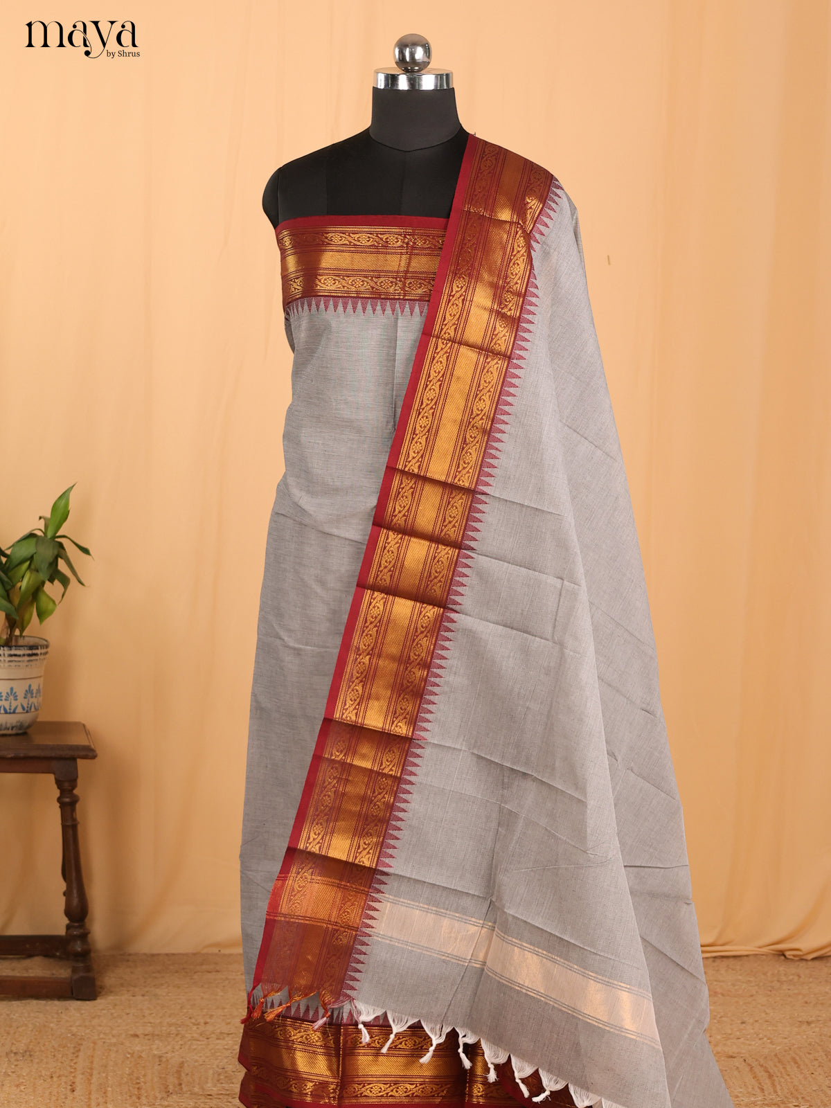 Grey & Maroon Chettinad Cotton Unstitched Top & Dupatta - MDB24001