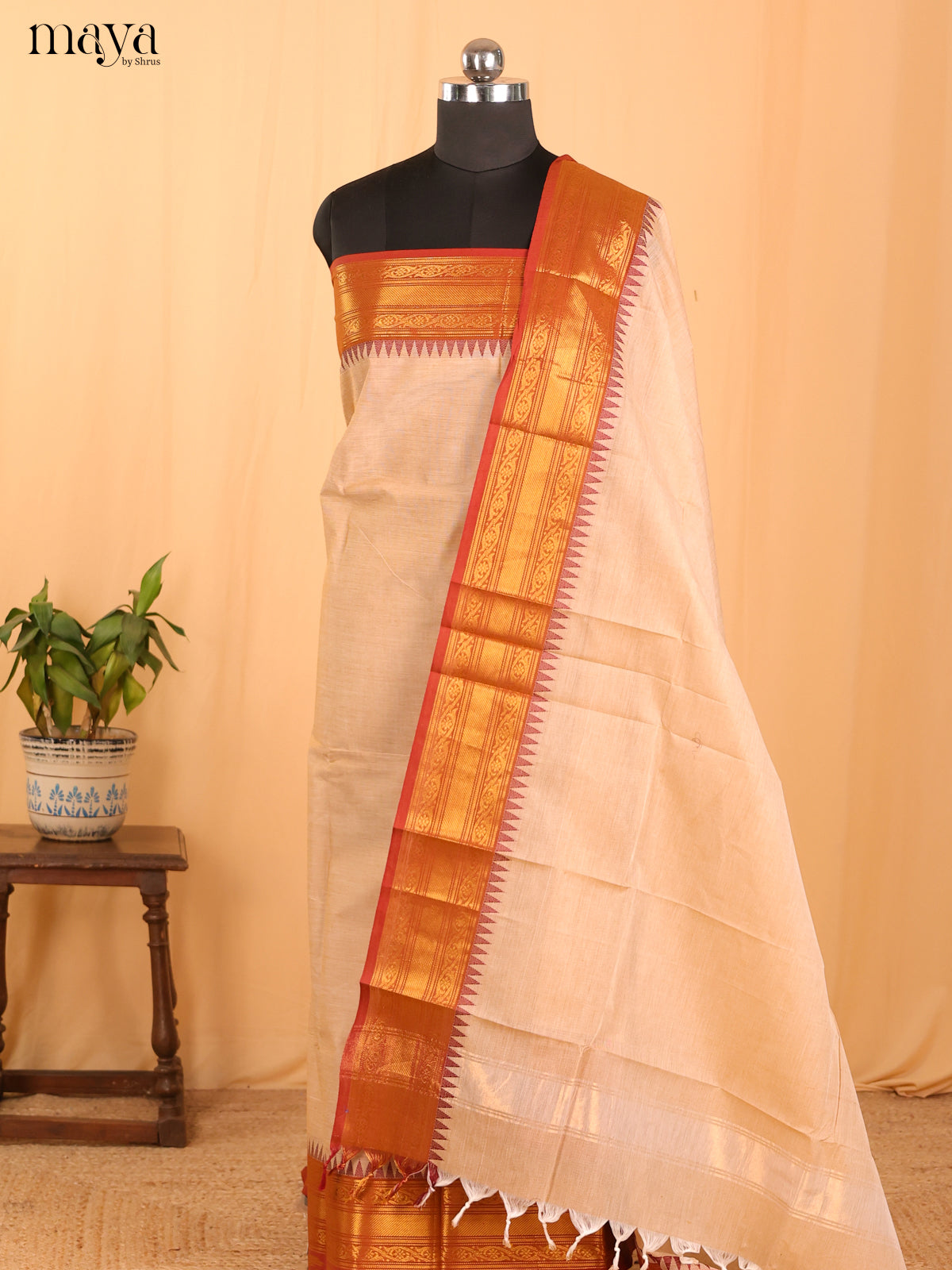 Cream & Red Chettinad Cotton Unstitched Top & Dupatta - MDB24002