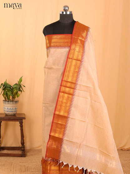 Cream & Red Chettinad Cotton Unstitched Top & Dupatta - MDB24002