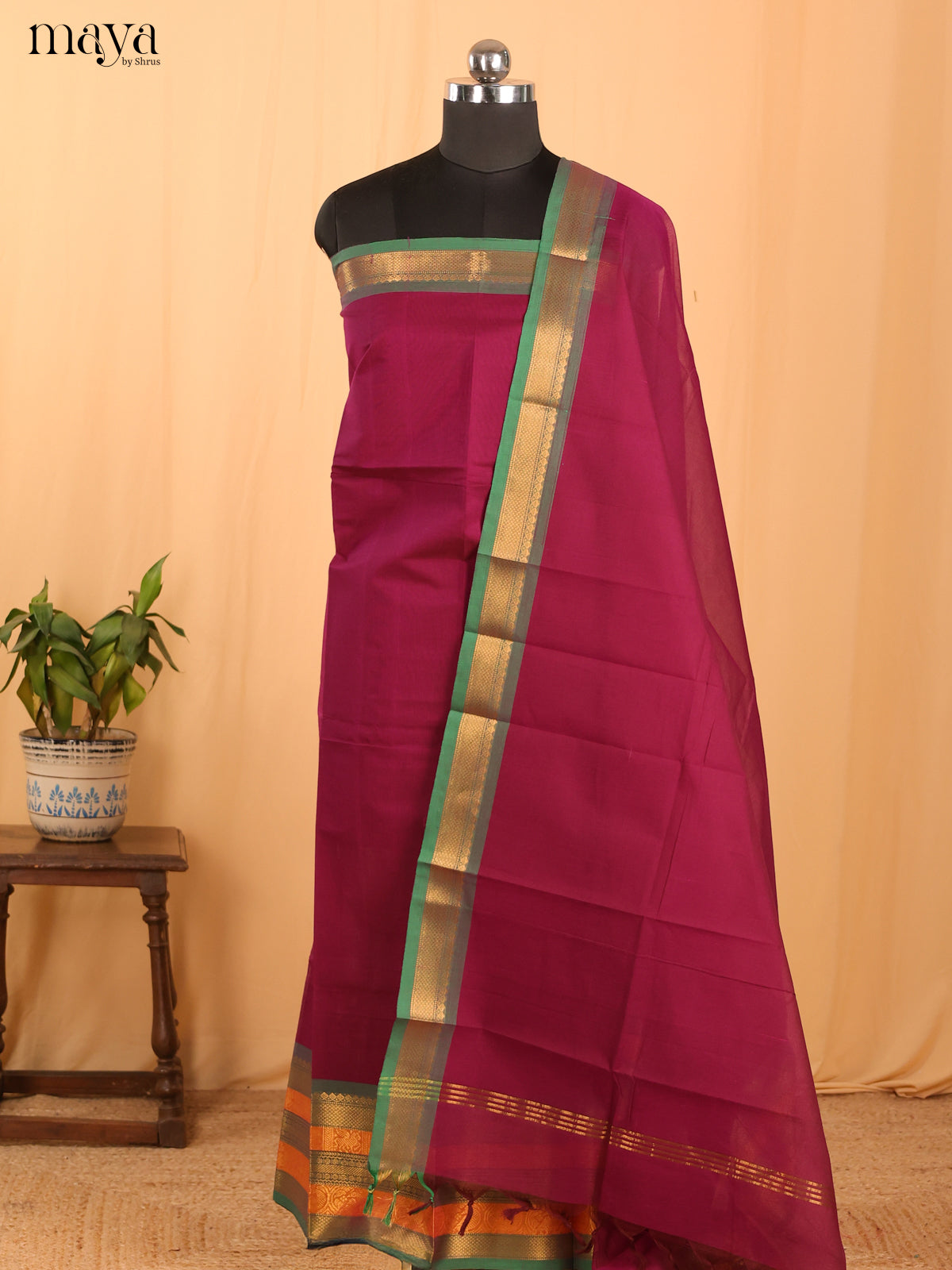Marron & Green Chettinad Cotton Unstitched Top & Dupatta - MDB24006