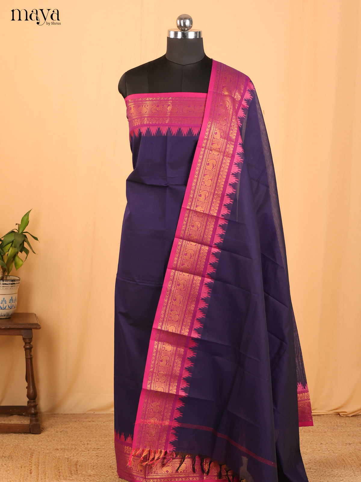 Violet & Dark Pink Chettinad Cotton Unstitched Top & Dupatta - MDB24007