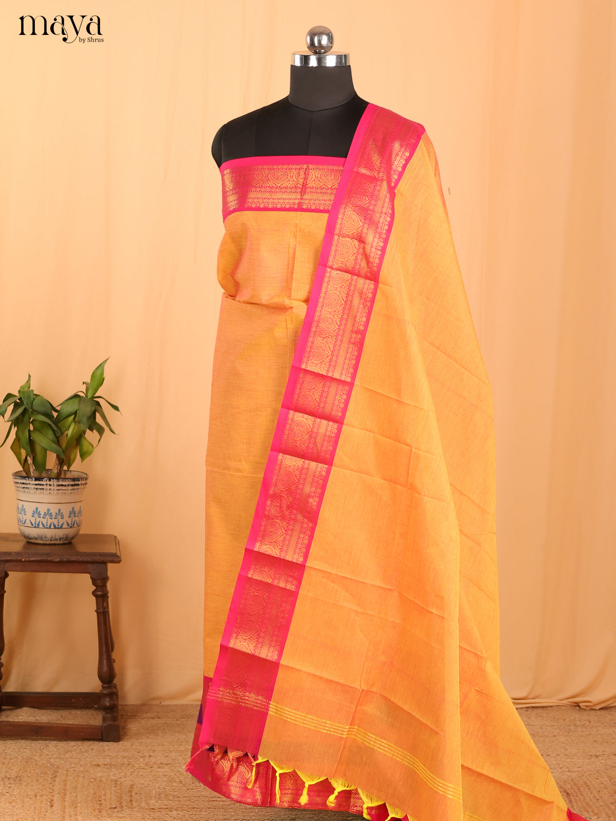 Orange & Pink Chettinad Cotton Unstitched Top & Dupatta - MDB24009