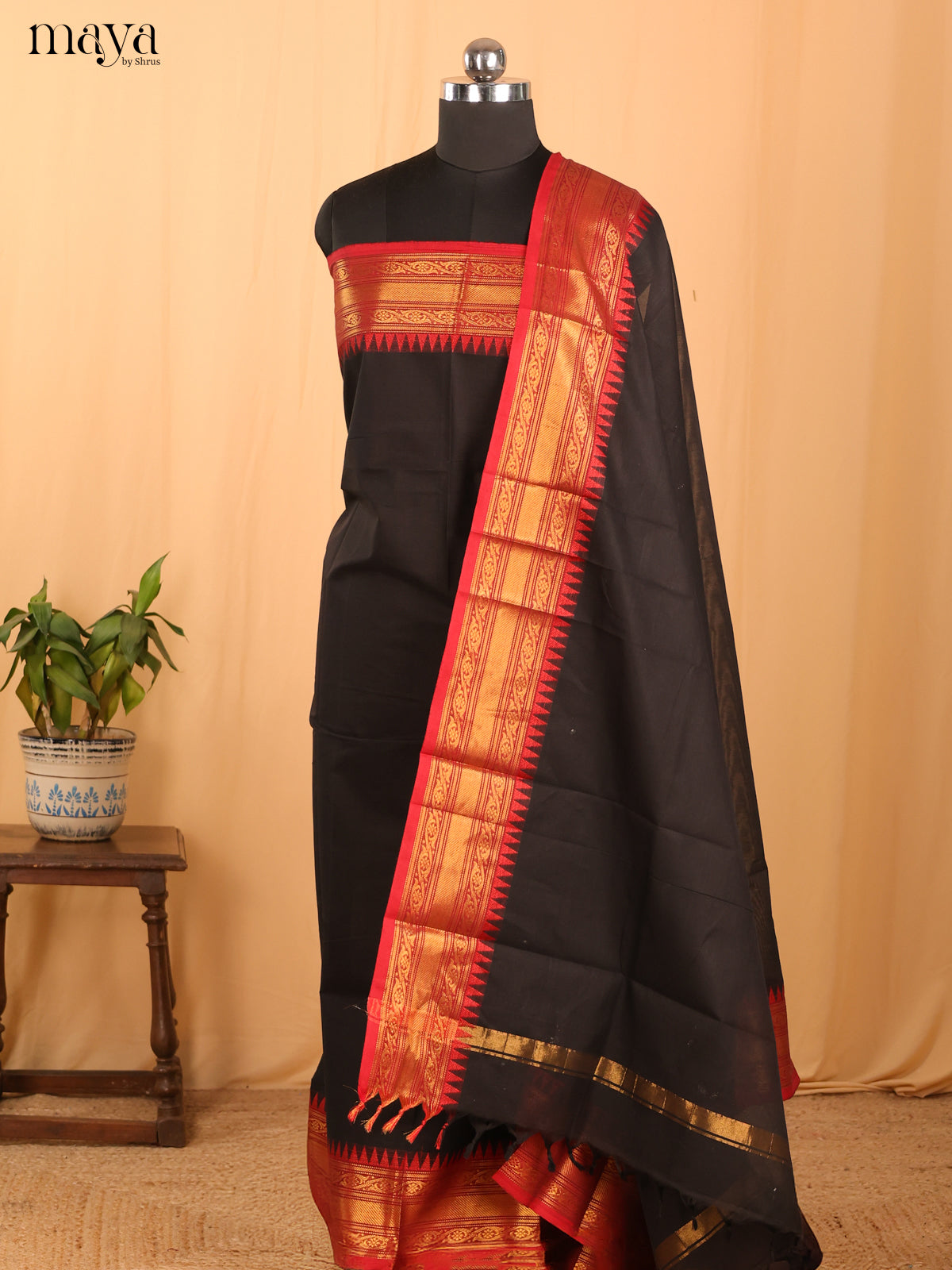 Black & Red Chettinad Cotton Unstitched Top & Dupatta - MDB24010