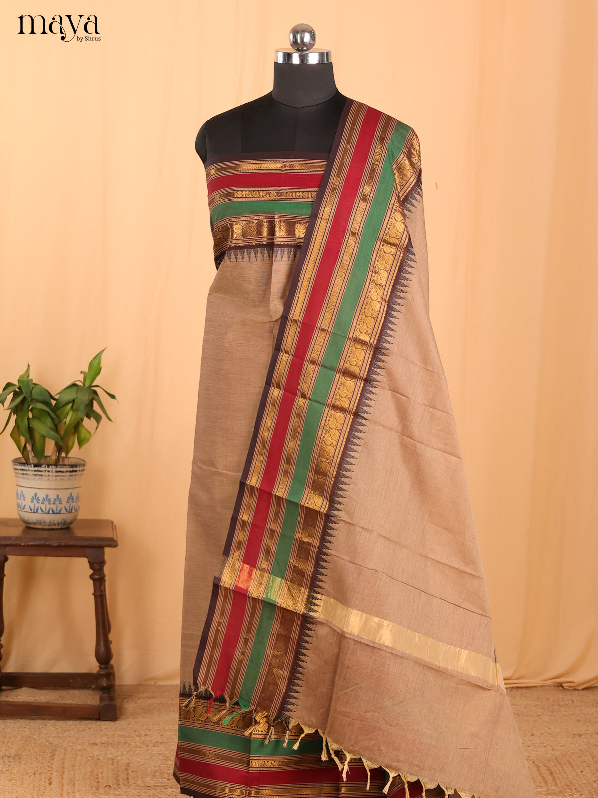 Light Browm & Red Chettinad Cotton Unstitched Top & Dupatta - MDB24012