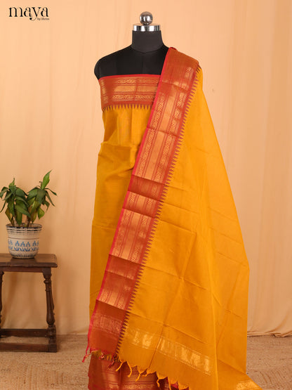 Mustard Yellow & Red - Chettinad Cotton Unstitched Top & Dupatta - MDB24013