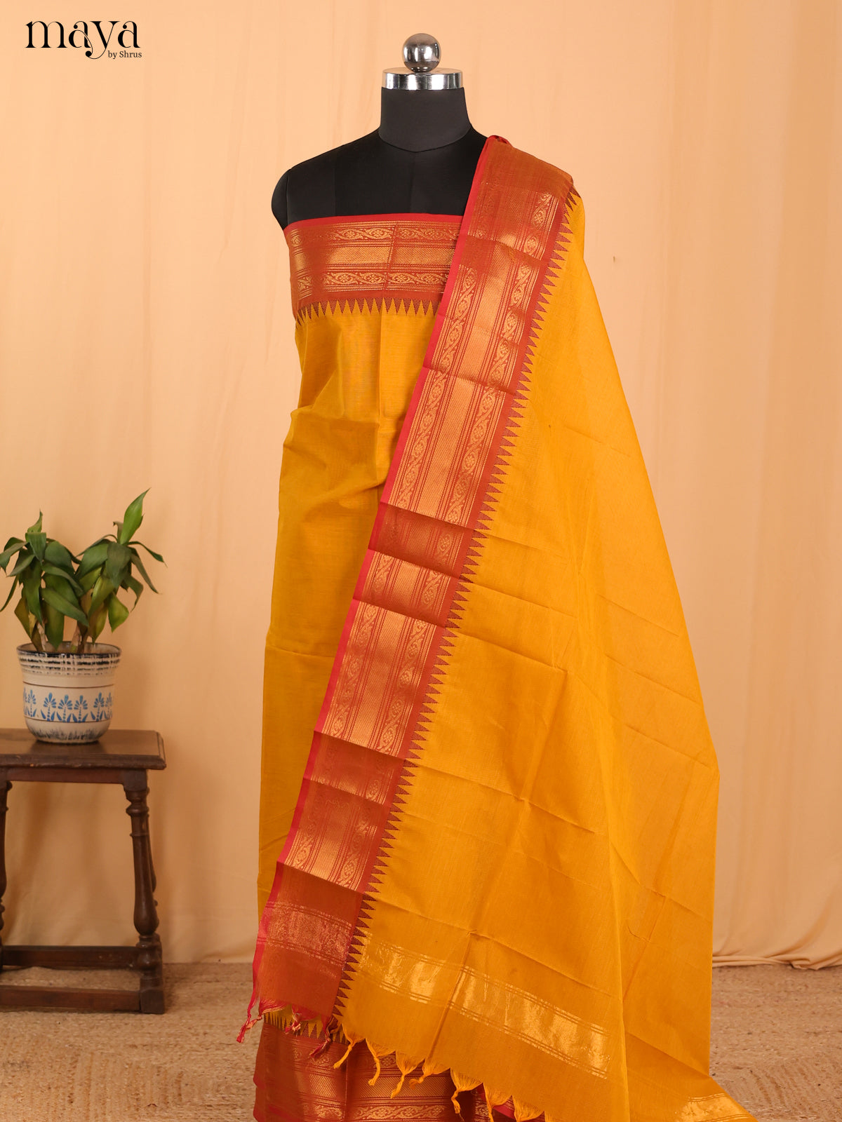 Mustard Yellow & Red - Chettinad Cotton Unstitched Top & Dupatta - MDB24013