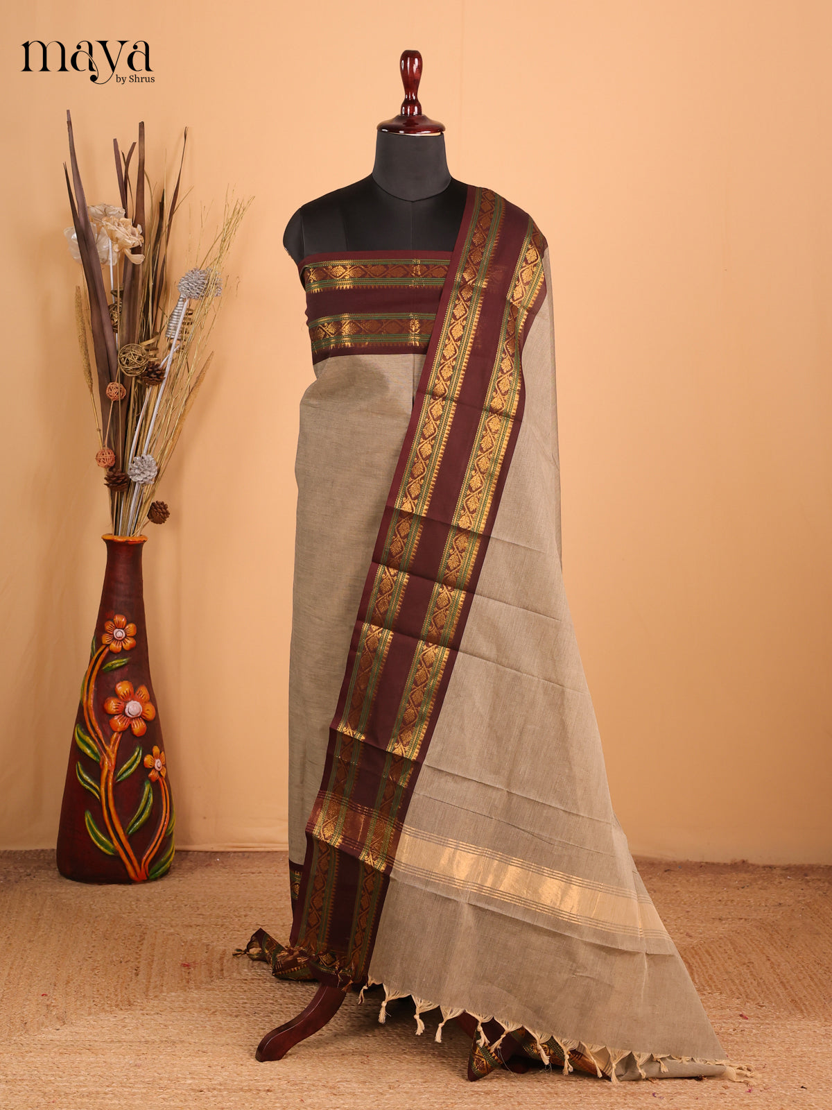 Grey & dark maroon Chettinad Cotton Unstitched Top & Dupatta - MDB26001