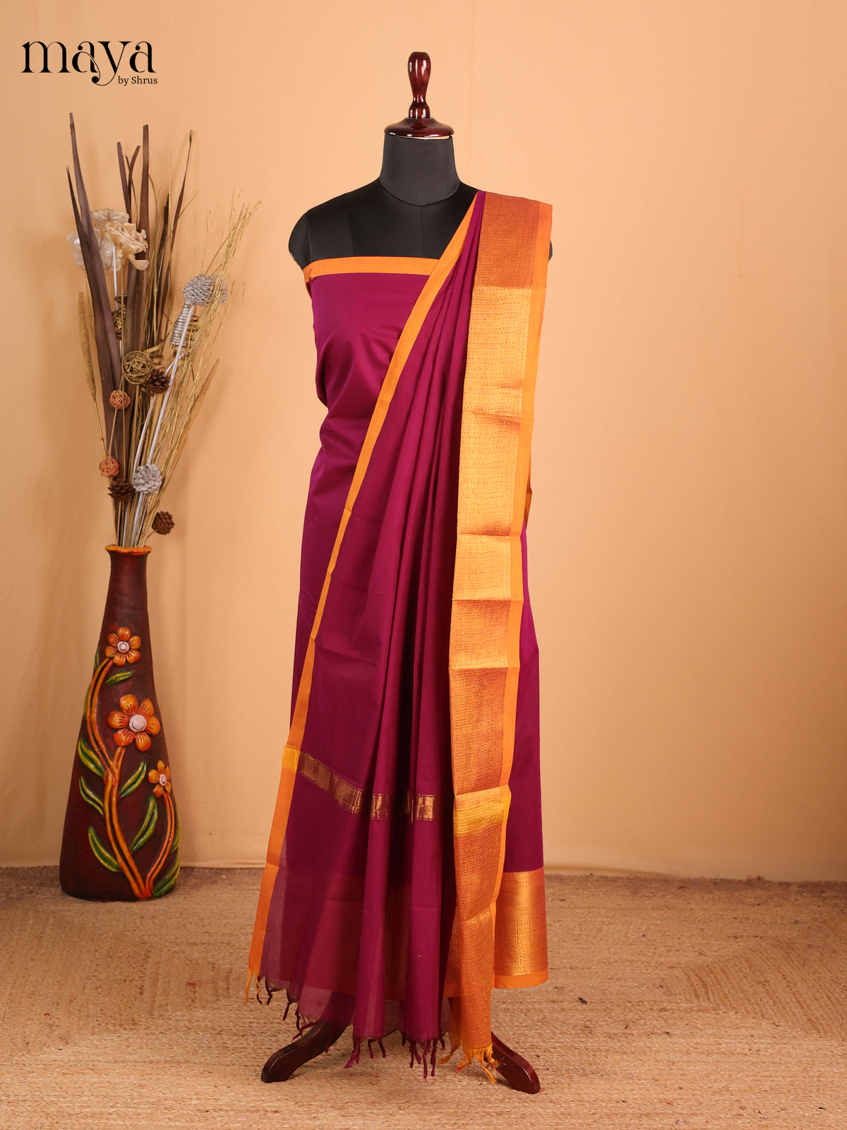 Purple & mustard orange Chettinad Cotton Unstitched Top & Dupatta - MDB26002