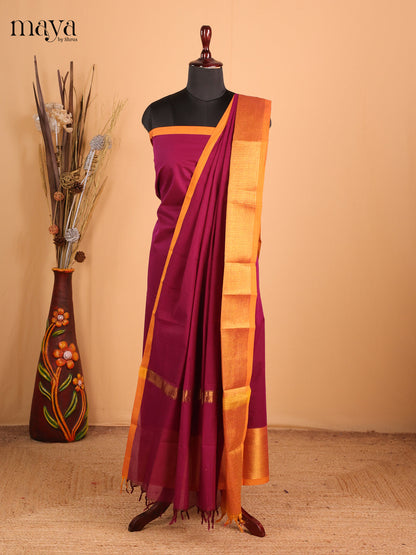 Purple & mustard orange Chettinad Cotton Unstitched Top & Dupatta - MDB26002