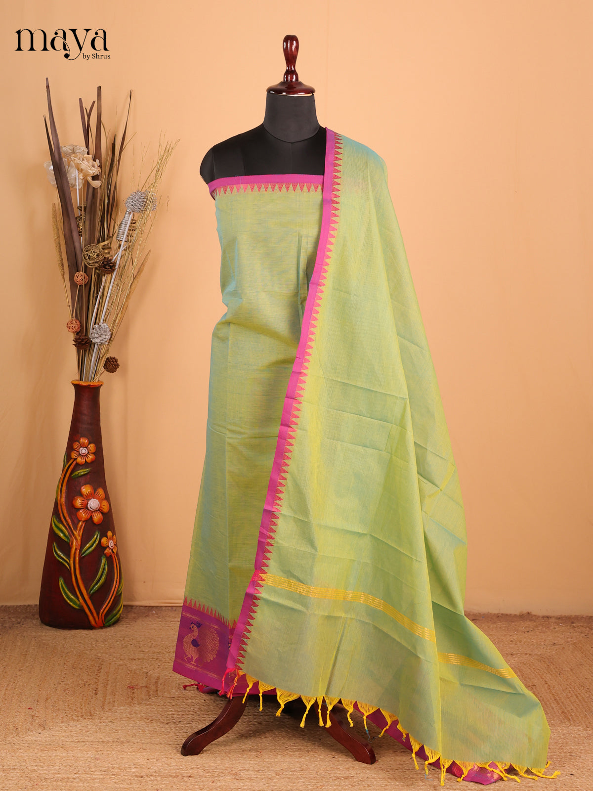 Green & Purple - Chettinad Cotton Unstitched Top & Dupatta - MDB26003