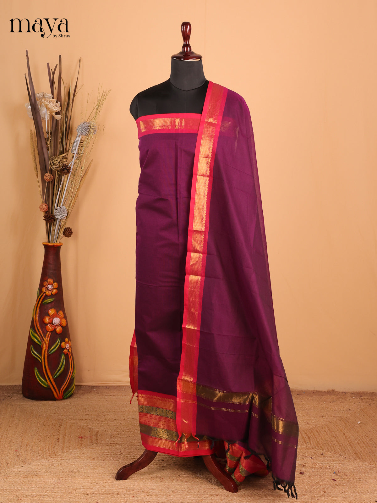 Purple with Red - Chettinad Cotton Unstitched Top & Dupatta - MDB26005