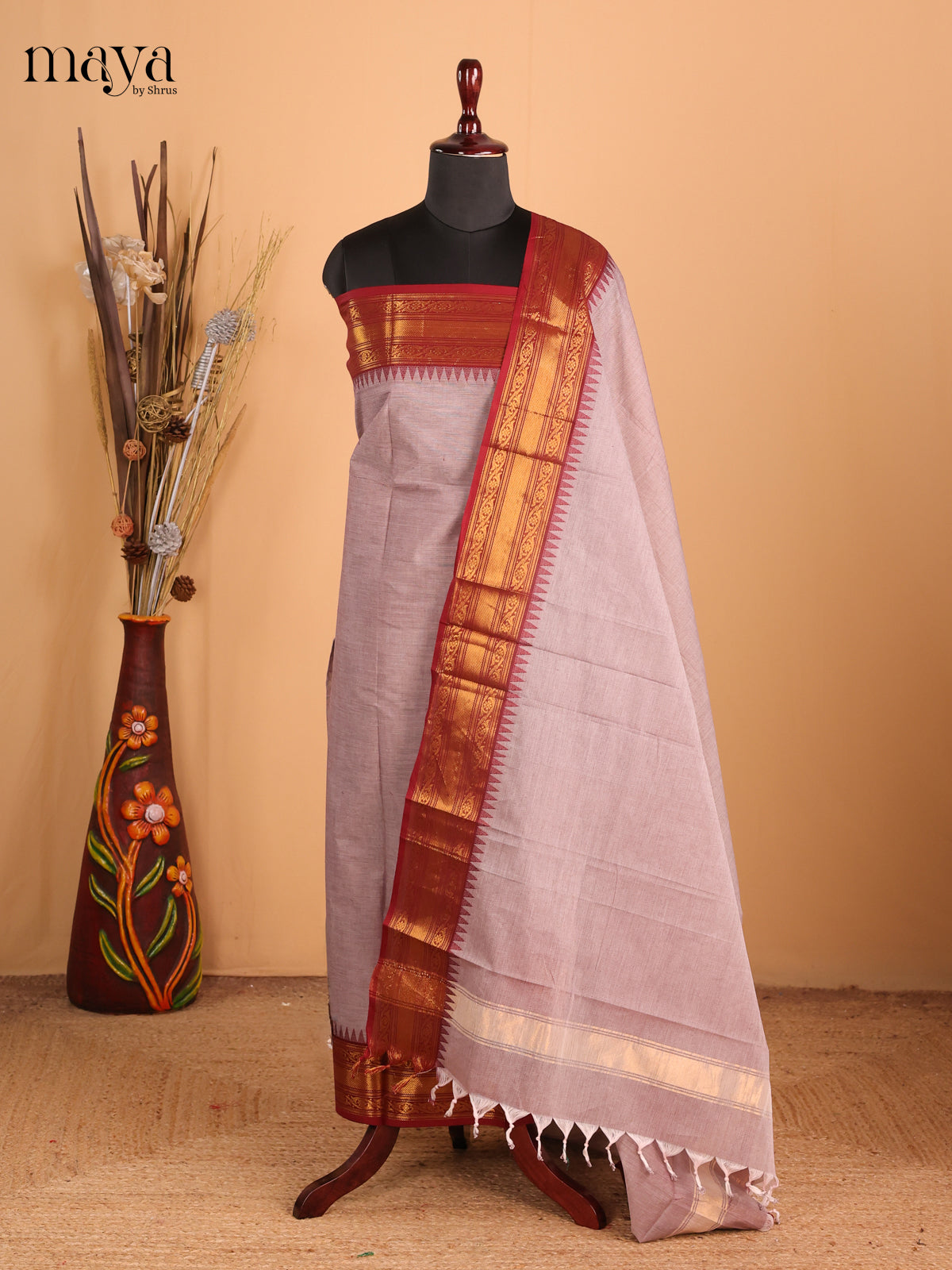 Grey & dark maroon - Chettinad Cotton Unstitched Top & Dupatta - MDB26006
