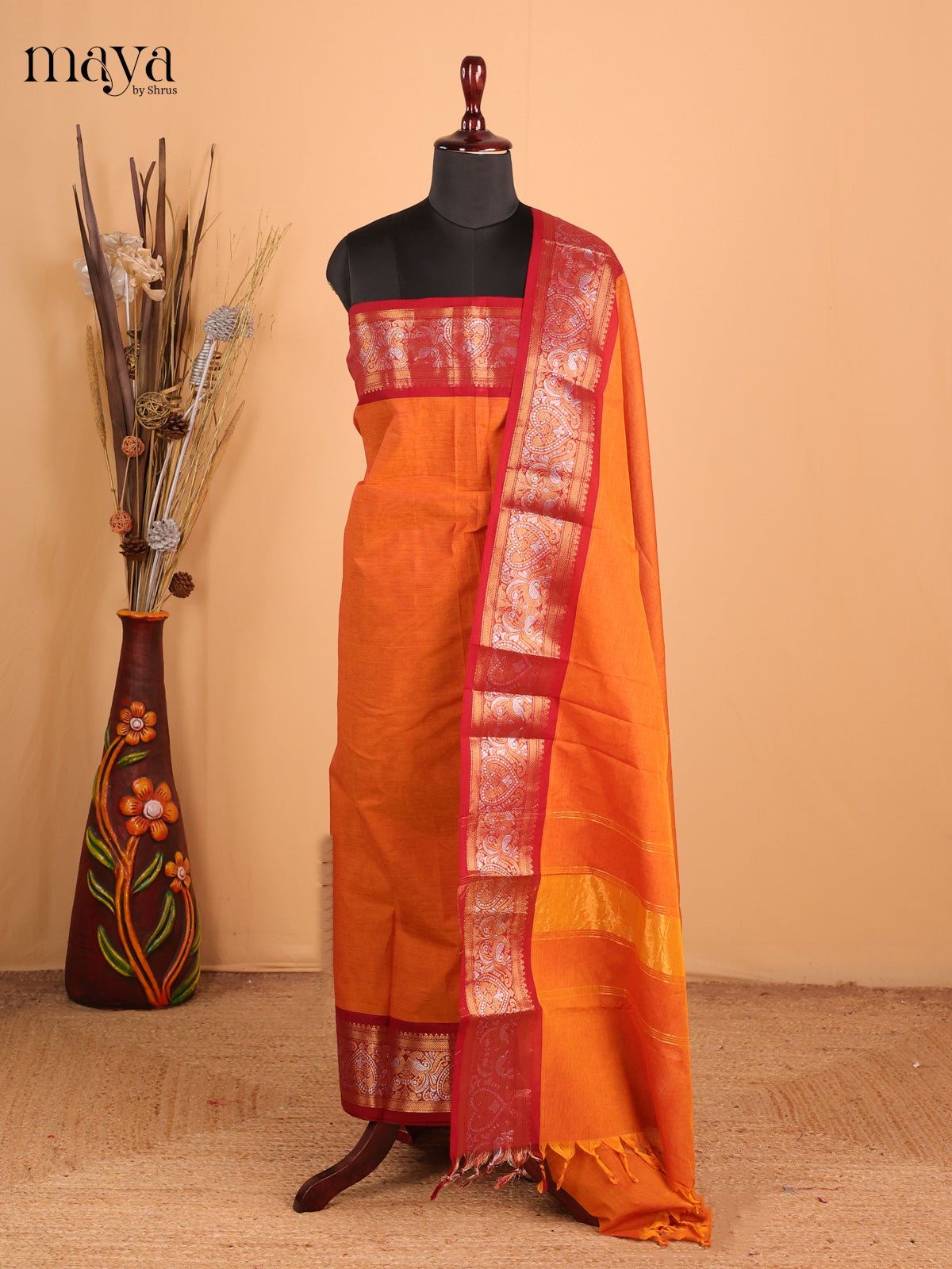Orange & Maroon - Chettinad Cotton Unstitched Top & Dupatta - MDB26007