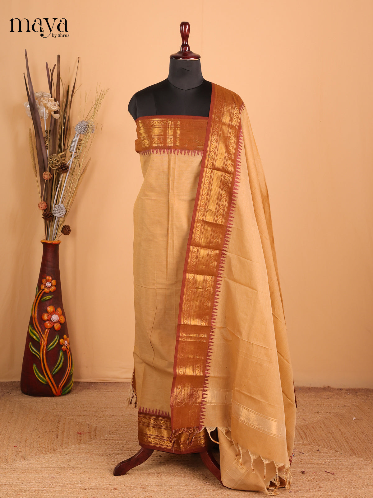 Beige & Maroon - Chettinad Cotton Unstitched Top & Dupatta - MDB26008