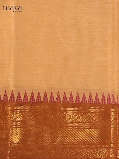 Beige & Maroon - Chettinad Cotton Unstitched Top & Dupatta - MDB26008