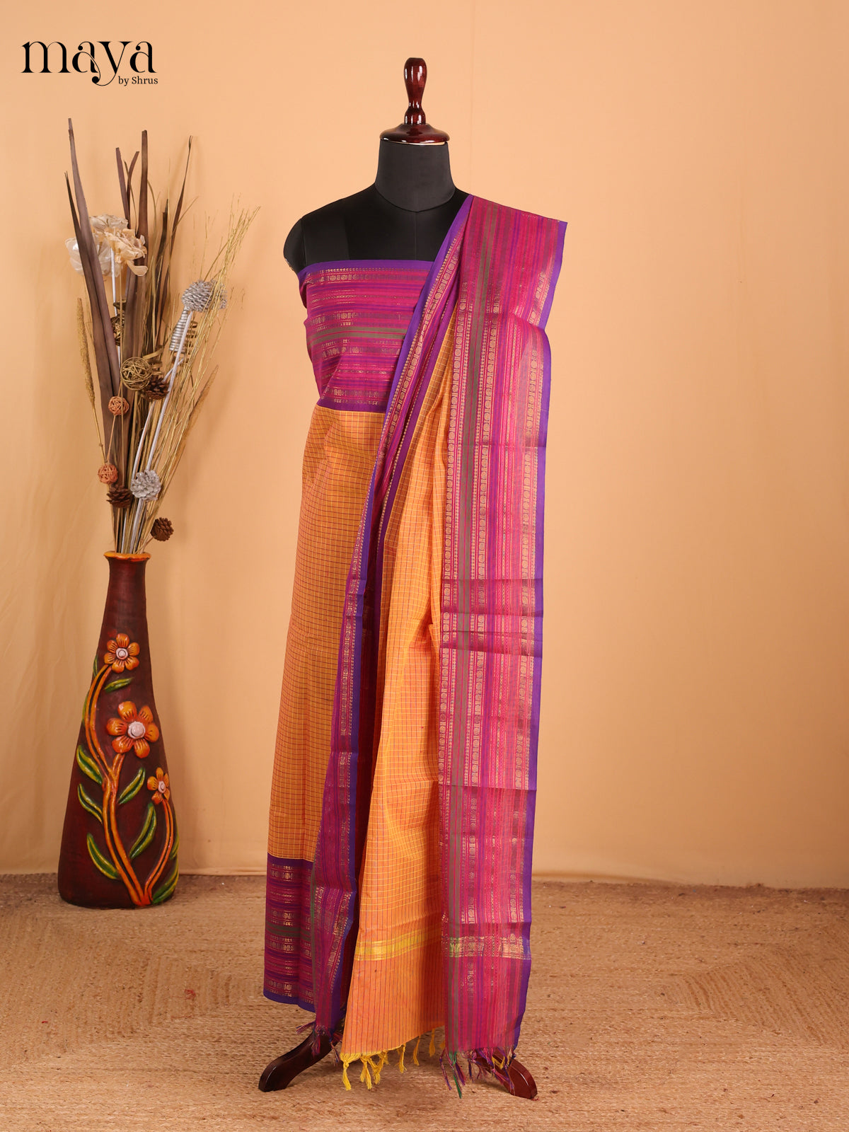 Light orange & purple - Chettinad Cotton Unstitched Top & Dupatta - MDB26009