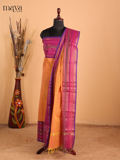 Light orange & purple - Chettinad Cotton Unstitched Top & Dupatta - MDB26009